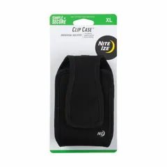 This universal clip case holds a cell phone in a vertical orientation. Made of black plastic, it includes a holster and is weather resistant. Compatible with any brand and model of cell phone.