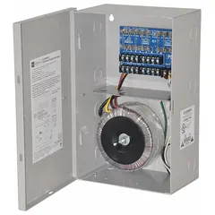 This power supply board with steel enclosure accepts 115V AC input and delivers 24V AC at 12.5A through eight fuses. It is used to provide regulated power for access control systems, security equipment, and industrial control panels.