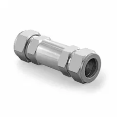 Inline poppet check valve with stainless steel body and FKM seals. Features 3/8 in pipe size and Let-Lok® x Let-Lok® connections. Designed to prevent backflow in instrumentation, process control, and hydraulic systems handling gases or liquids.