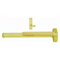 Rim-type exit device with touchbar style for doors up to 3 ft wide. Brass finish with dummy pull outside trim. ADA compliant. Suitable for commercial egress applications