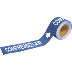Blue-on-blue adhesive pipe markers with legend 'Compressed Air' and directional arrows. Each roll contains 25 markers designed for pipe outer diameters from 2-1/2 to 6 inches. Used to identify compressed air lines in industrial piping systems for clear visual communication of pipe contents.