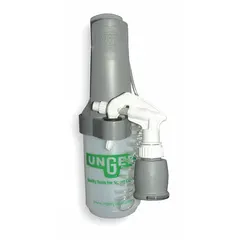 This trigger spray bottle features a clear bottle with a white sprayer and a 9 1/2 in dip tube for stream-type dispensing. It includes a belt clip for hands-free carrying and graduation markings for measuring. The polypropylene seal material ensures compatibility with common cleaning solutions. Suitable for janitorial and maintenance tasks requiring mobility.