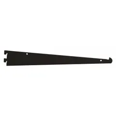 This steel shelf bracket is designed for use with single slotted standards in shelving systems. It features a hanging mount, 1-inch slot spacing, and 1/2-inch slot length. The bracket has a black matte finish and measures 1/8 inch thick by 12 inches deep by 3 inches high.