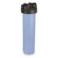 This blue polypropylene water filter housing features a 1-inch NPT connection, overall height of 23-1/4 inches, and overall diameter of 7-1/2 inches. It is designed to hold standard cartridge filters for sediment reduction, taste and odor improvement, and scale inhibition in point-of-entry or point-of-use water filtration systems.
