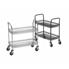 This METRO utility cart features two flat deep lipped wire shelves in a black finish. It measures 36 inches long by 18 inches wide by 39 inches high and is equipped with four swivel casters for maneuverability. Suitable for transporting supplies, tools, or products in industrial material handling environments.