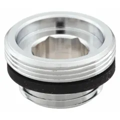 This silver adapter connects a faucet-mounted eyewash station to a 3/8 in NPSM male supply line. Used for installing or retrofitting emergency eyewash equipment in plumbing systems.