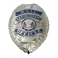This oval metal badge measures 2 1/4 inches by 3 1/8 inches and features a silver finish. It includes a pin and safety catch for attachment to clothing or uniforms. Typical applications include use as an identification badge for security personnel or law enforcement officers.