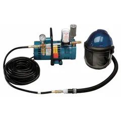Complete supplied air respiratory system for one user. Includes a 3/4 hp pump, 50 ft hose, and a helmet with shield. Suitable for use in environments with airborne contaminants such as painting, chemical handling, and abrasive blasting.