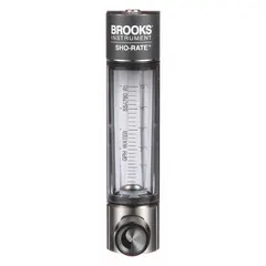 This panel-mount variable area flowmeter from BROOKS is designed for measuring water flow in liters. It features a scale display, vertical mounting orientation, and FNPT connections. The unit includes a flow rate adjustment knob and Viton seals and O-rings. Accuracy is +/-5%.