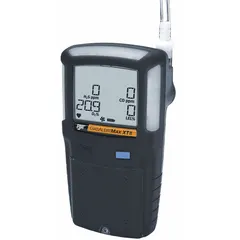 Portable multi-gas detector with integrated sampling pump for continuous monitoring of carbon monoxide (CO) and hydrogen sulfide (H2S). Powered by a lithium battery and featuring a PC-compatible interface for data download. Suitable for use in confined spaces and industrial environments where hazardous gas concentrations may occur.