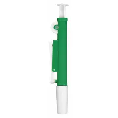 This manual pipette controller from WHEATON is a single-channel device with a maximum capacity of 10 mL. It is designed for controlled liquid aspiration and dispensing in laboratory pipetting operations. The green controller is suitable for use with pipettes up to 10 mL in various lab settings.