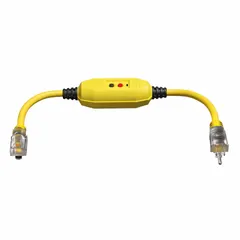 This 3-foot inline GFCI cord features a 12/3 SJTW cable rated 15 A at 125V AC, with a NEMA 5-15P plug and NEMA 5-15R receptacle. The manual reset GFCI provides ground-fault protection for tools and equipment in wet or outdoor environments, commonly used on construction sites, maintenance work, and landscaping.