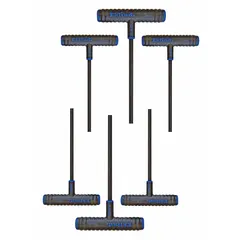 T-shaped hex key set with 6 pieces, including metric and standard end long tips. Black oxide finish. Supplied in a pouch for storage. Used for tightening or loosening hex socket screws and bolts in maintenance and assembly tasks.