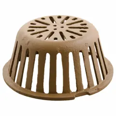 Cast iron dome strainer with Duco coating for corrosion resistance. 10-inch overall diameter, 4 3/8-inch overall height, flanged connection. Used in roof drain systems to filter debris and prevent clogging while allowing water flow.