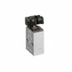 Three-way, two-position, normally closed manual air control valve with aluminum body. Roller actuator for pneumatic systems. Used in industrial automation for manual control of airflow in safety circuits and machine guarding.
