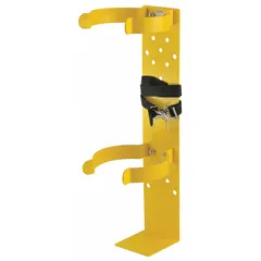 Steel bracket for storing self-contained breathing apparatus (SCBA). Yellow finish. Includes a 7-1/4 in clip. Overall length 20 1/2 in. Used in industrial settings to secure SCBA for quick access.