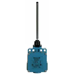 This limit switch features a coil-spring wobble-stick actuator with a 6.5-inch length, housed in a metal enclosure. It includes four mounting holes for secure installation. Typical applications include position detection and presence sensing in industrial machinery, packaging equipment, and material handling systems.