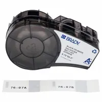 Acrylic, permanent adhesive labels on a thermal transfer precut roll cartridge. Contains 140 labels, each 1/2 in x 3/4 in. Halogen-free material. Compatible with M210 printer series. Used for asset identification, cable marking, and component labeling in industrial settings