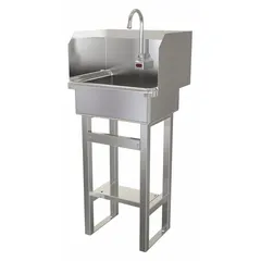 This one-station freestanding hand sink includes a faucet and is battery powered. It features a 17 in bowl length, 7 in bowl depth, and a 0.5 gpm flow rate. A side splash is included. Suitable for hand washing in commercial and public settings.