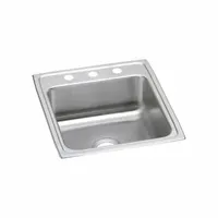 This one-bowl counter-mounted sink is designed for drop-in installation in kitchen or bar countertops. It has an overall width of 19 1/2 inches and a bowl depth of 4 1/2 inches, finished in Silver/Gray. The sink is sold without a faucet