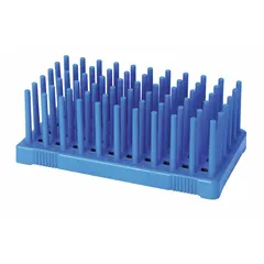 Benchtop test tube rack made of blue polypropylene with 50 wells. Overall dimensions: 4 1/8 in width, 2 1/8 in height, 7 3/8 in length. Used for organizing and storing test tubes in laboratory settings.