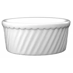 Vitrified stoneware souffle dish in European White finish. Overall diameter 4 3/8 in, overall depth 1 7/8 in. Suitable for baking individual portions in food service settings.