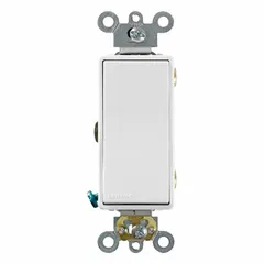 Non-illuminated 3-way maintained rocker switch with white finish. Rated 120/277V AC and 15A. Used to control a lighting load from two locations, such as stairways or hallways.