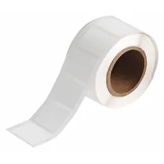 White matte-finish precut label roll with 1 in label height, 1 1/2 in label width, and 1 in roll length. Compatible with BradyJET J2000 printer series. Used for cryogenic marking and identification of equipment, pipes, and components in industrial environments.