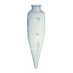 Colorless glass centrifuge tube with conical bottom for efficient pellet collection during centrifugation. Graduated for volume measurement, 100 mL capacity, 45 mm body diameter, 165 mm overall height. Closure not included. Suitable for laboratory separation processes.