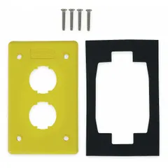 Yellow plastic wall plate for harsh environments. 1-gang, 2-port flat module design. Used to mount and protect cable connections in industrial settings where color coding aids identification.