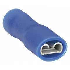 Fully insulated quick disconnect female socket with blue vinyl full coverage insulation. Accepts 16 AWG to 14 AWG wire sizes. Used for making reliable, removable electrical connections in control panels, appliances, and industrial equipment.