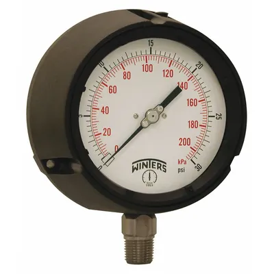 WINTERS Process Pressure Gauge: 0 psi to 30 psi, White, 4 1/2 in Dial, 1/2 in NPT Male - All-Stainless Steel Wetted Parts & Casing