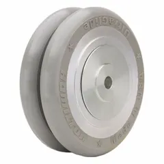 This wheel features a gray polyurethane tread on a steel core with an aluminum hub. It has a 6 in diameter, 2 in width, and a load rating of 1,500 lb. The UltraGlide tread shape provides smooth rolling. Commonly used on material handling carts, platform trucks, and tow-line systems in industrial environments.