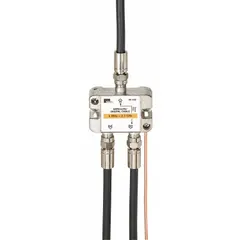 This coaxial splitter divides a single F-Type female input into two F-Type female outputs for data, audio, and video signals. It supports frequencies up to 2,300 MHz and is finished in silver. Suitable for splitting cable TV or broadband signals in commercial installations.