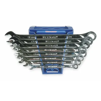 WESTWARD Combination Wrench Set: Alloy Steel, Chrome, 8 Tools - Metric 12-Point Ratcheting Combination Wrench Sets