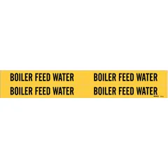 Yellow adhesive pipe marker with black legend reading 'Boiler Feed Water'. Designed for pipes with outer diameters from 3/4 to 2-3/8 inches. Set includes 4 markers without arrows. Used to identify boiler feed water lines in industrial piping systems.