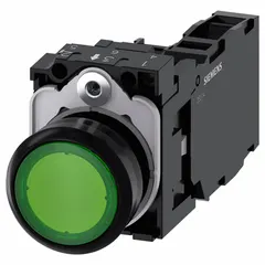 Momentary-action illuminated push button with flush profile for 22 mm mounting. Non-metallic construction with 1NO/1NC contact configuration. Suitable for control panels and industrial automation applications requiring corrosion resistance.