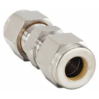 This double-ferrule stainless steel union connects two 1/16 in OD tubes with compression x compression ends. It is compatible with Parker A-LOK fittings and provides a leak-tight seal for small-diameter tubing in industrial fluid systems