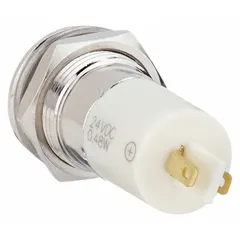 This LED indicator pilot light provides a yellow visual signal for industrial control panels and machinery. It features a flush head design with an H16 profile and mounts in a 16 mm panel hole. Electrical connection is via 0.11 male quick disconnect terminals.