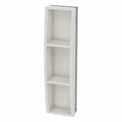 This institutional bathroom shelf is constructed from stainless steel with a powder-coated finish. Designed for recessed mounting, it installs flush with the wall to provide a clean, space-saving storage surface. Suitable for commercial restrooms, locker rooms, and similar high-traffic environments.