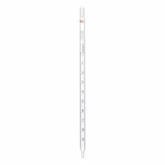 This sterile, individually wrapped glass serological pipette has a 10 mL capacity with 0.1 mL graduation increments. It is used for precise liquid measurement and transfer in laboratory settings, including cell culture and media preparation.
