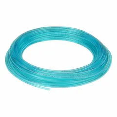 Polyurethane tubing with 1/8 in inner diameter and 1/4 in outer diameter, 100 ft length, blue color. Hardness Shore A 90 to 95, maximum operating pressure 250 psi at 180°F. Suitable for pneumatic control lines, fluid transfer, and instrumentation in industrial automation and robotics.