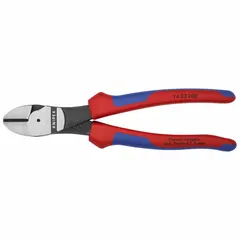 Straight-jaw diagonal-cutting pliers with oval handles sized 6–8 in. Jaw length 7/8 in, jaw width 1 in. Designed for cutting music wire. Features a cutting-edge hardness indicator.