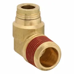 Brass adapter elbow with push-to-connect on one end and male NPT thread on the other. Connects 1/4 in OD tubing to a 3/8 in male NPT port. Pre-applied Vibra-Seal thread sealant provides vibration-resistant sealing. Used in pneumatic systems such as air brake lines and industrial air controls.