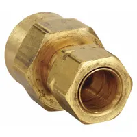 Brass compression fitting with self-aligning design for connecting tubing to female pipe threads. 1/8 in tube OD by 1/8 in FNPTF. Suitable for pneumatic, hydraulic, and instrumentation systems. Sold in a pack of 10