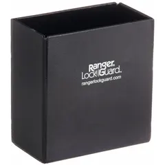 Steel padlock guard with integrated lock, finished in black. Guard length 5 1/4 inches, width 2 1/2 inches. Used to secure gates, lockers, cabinets, and enclosures by shielding the padlock from cutting and prying tools.