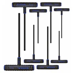 This 8-piece set of T-shaped hex keys features metric sizes with standard ends and extra-long shafts for increased reach. The 9-inch T-handle design provides improved torque for tightening or loosening hex socket fasteners. Keys have a black oxide finish and are supplied in a pouch for storage.