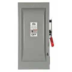 The Siemens HF263 is a 100 A, single-phase, fusible safety switch rated for 600V AC. It features a galvanized steel enclosure designed for indoor use. This switch is used to safely disconnect power in electrical circuits for maintenance or emergency shutdown.