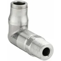 This stainless steel elbow fitting connects a 1/4" MNPT pipe thread to a 6 mm OD push-to-connect tube. The push-to-connect design enables tool-free installation and secure, leak-free connections in pneumatic or low-pressure fluid systems