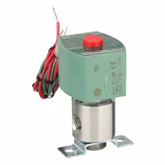 This REDHAT solenoid valve is a 3-way/2-position, normally closed, direct-mount unit with a 1/4 in pipe size. It operates on 120V AC (110V AC) and features a coil enclosure without junction box. Suitable for controlling the flow of air, water, or light oil in industrial automation, HVAC, and process control systems.